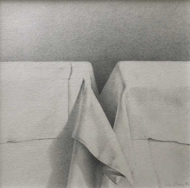 Wim Blom-Two tables with cloth  1971 pencil on paper 15 x 15 cm  Frame size 38 x 41 cm