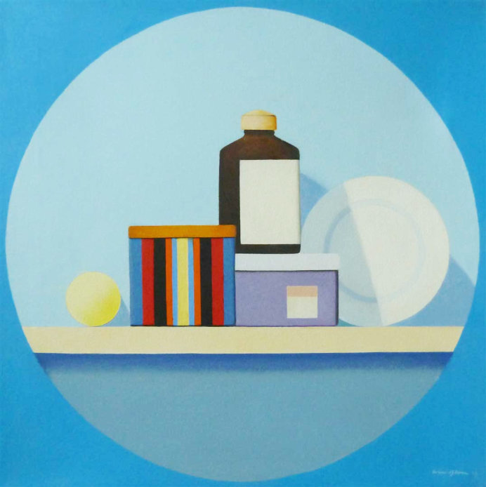 Wim Blom-Yellow shelf with plate and striped box 2019 oil on canvas 43 x 43 cm-